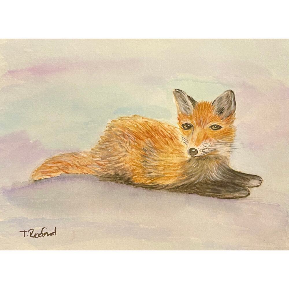 Hand painted watercolor original painting red fox in snow
